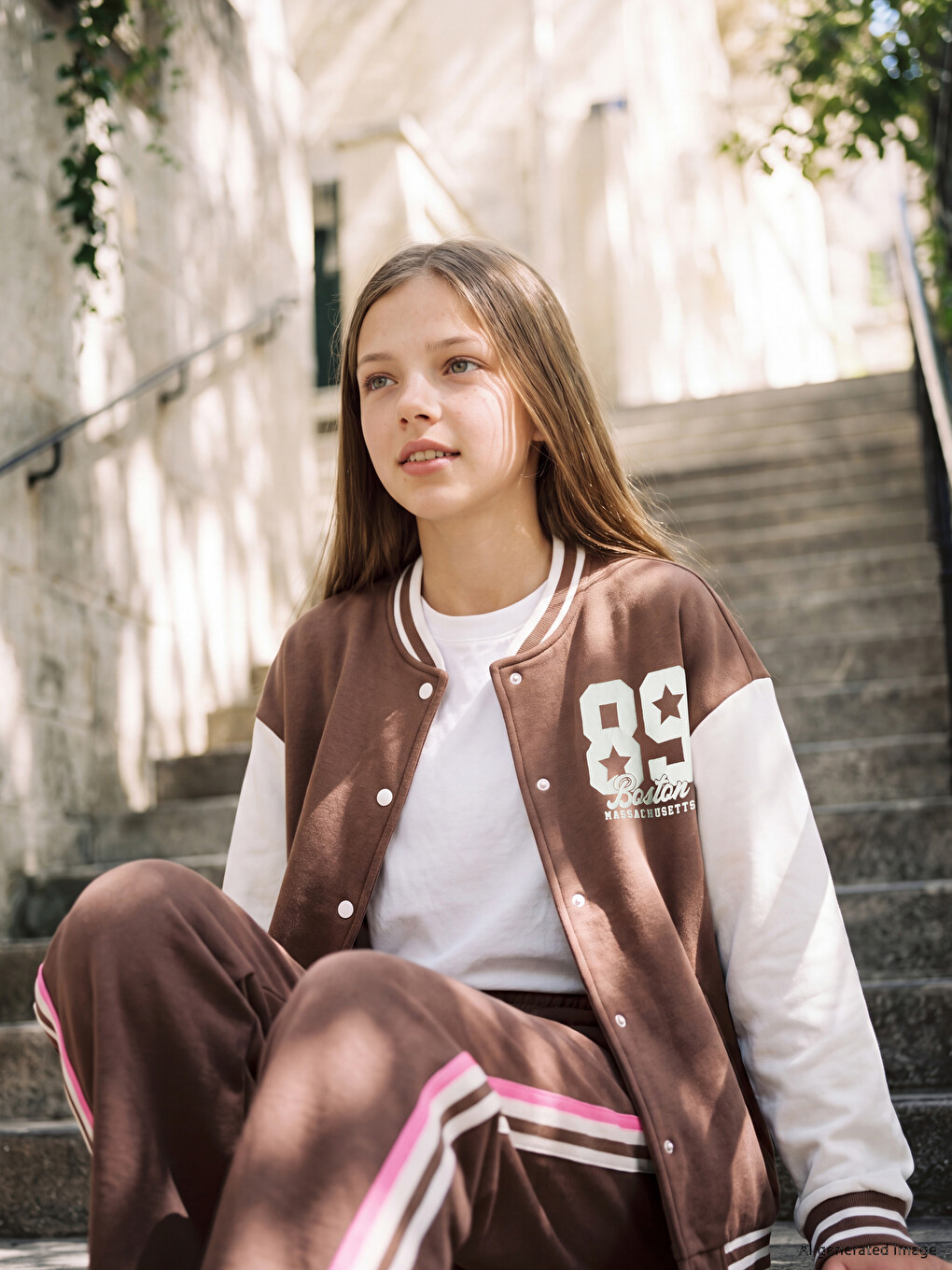 Baseball Collar Boston Printed Girls' Jacket-3