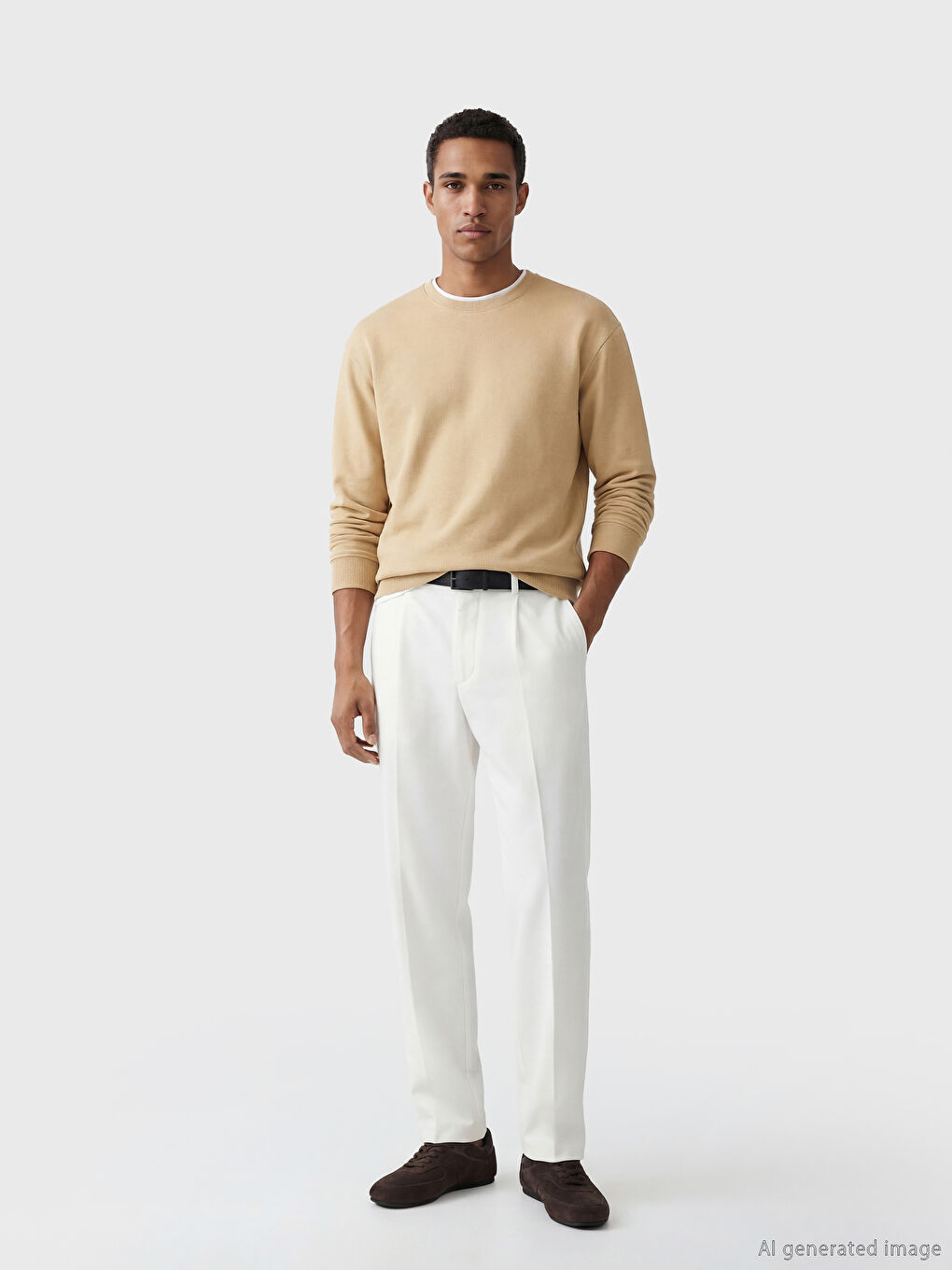 Bej Bisiklet Yaka Erkek Sweatshirt-1