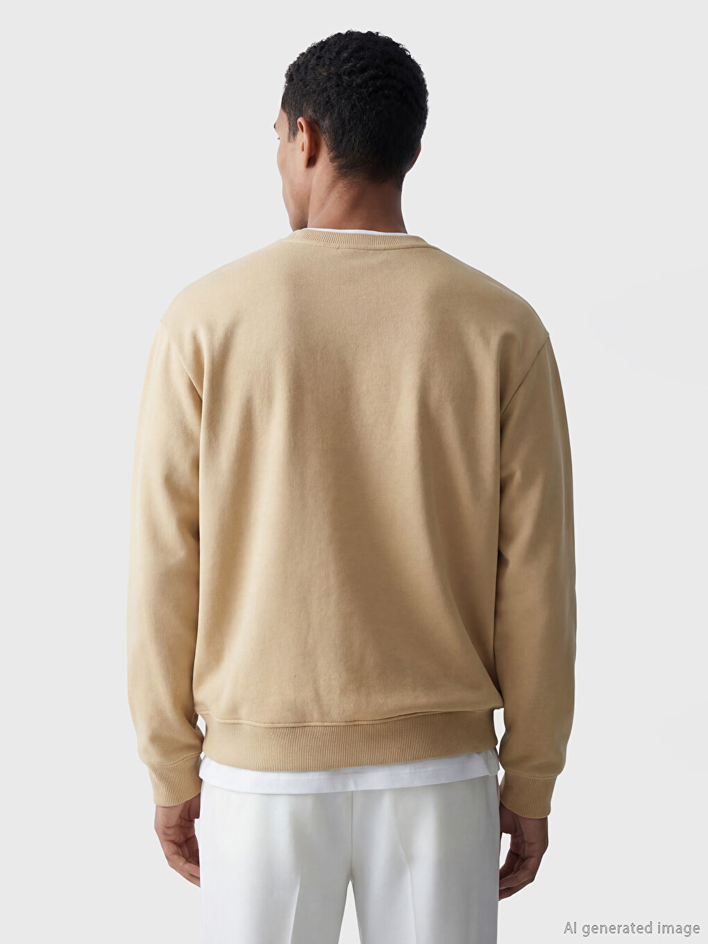 Bej Bisiklet Yaka Erkek Sweatshirt-2