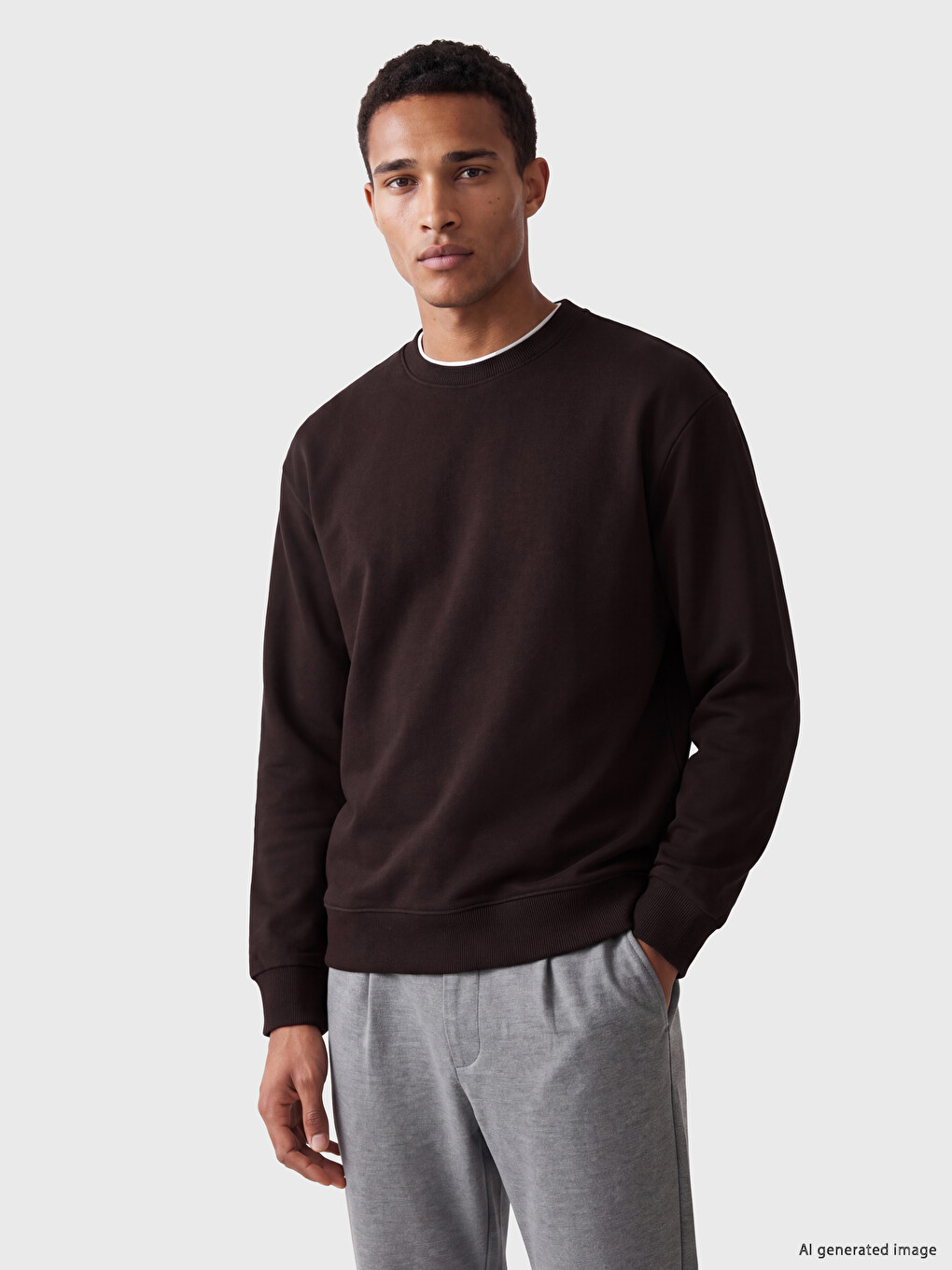 Kahverengi Bisiklet Yaka Erkek Kalın Sweatshirt