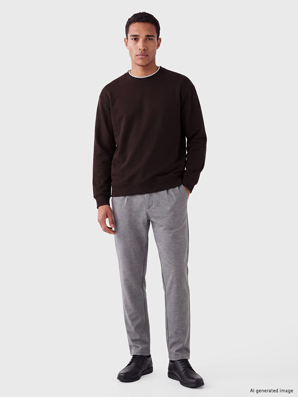 Kahverengi Bisiklet Yaka Erkek Kalın Sweatshirt-1