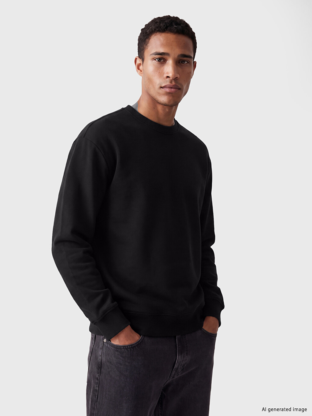 Siyah Bisiklet Yaka Erkek Kalın Sweatshirt