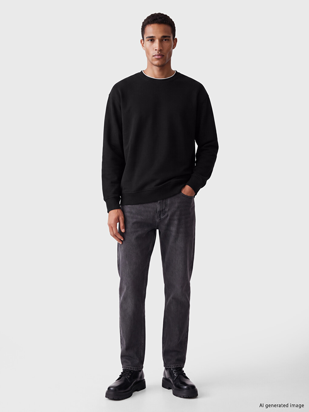 Siyah Bisiklet Yaka Erkek Kalın Sweatshirt-1