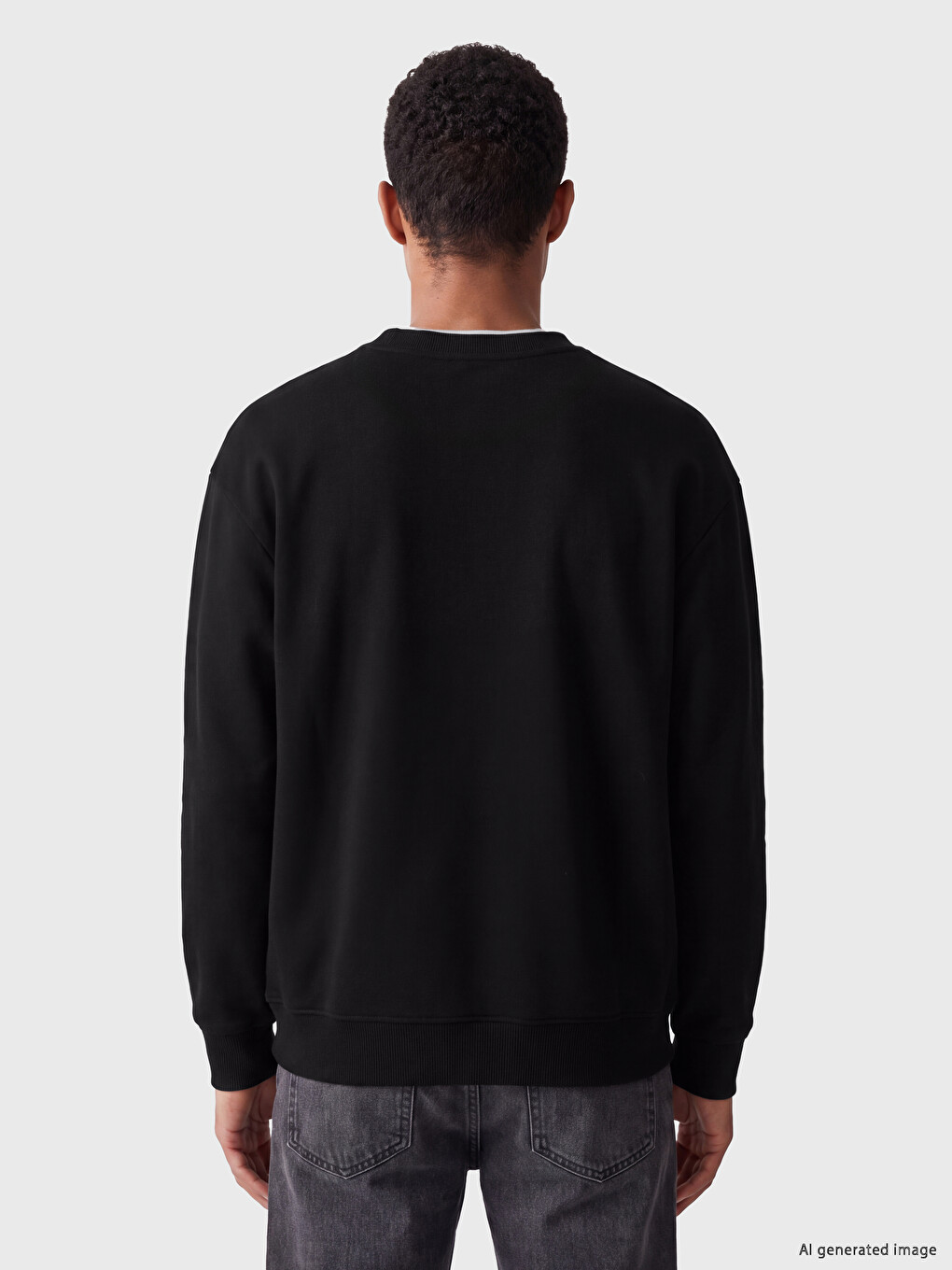 Siyah Bisiklet Yaka Erkek Kalın Sweatshirt-2