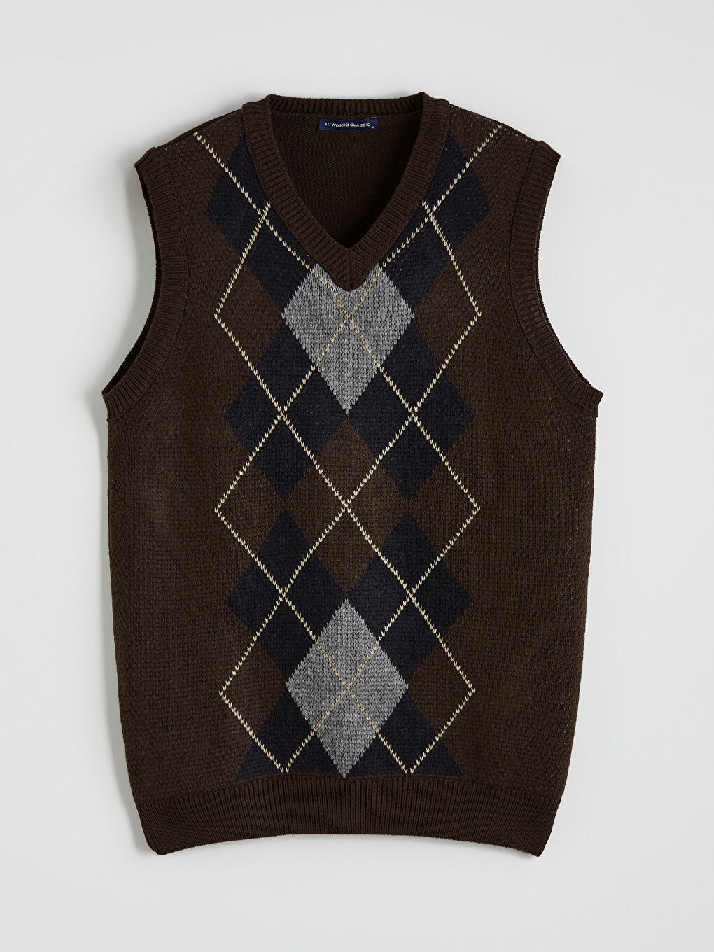 Kahverengi V Yaka Baklava Desenli Erkek Triko Kazak-4