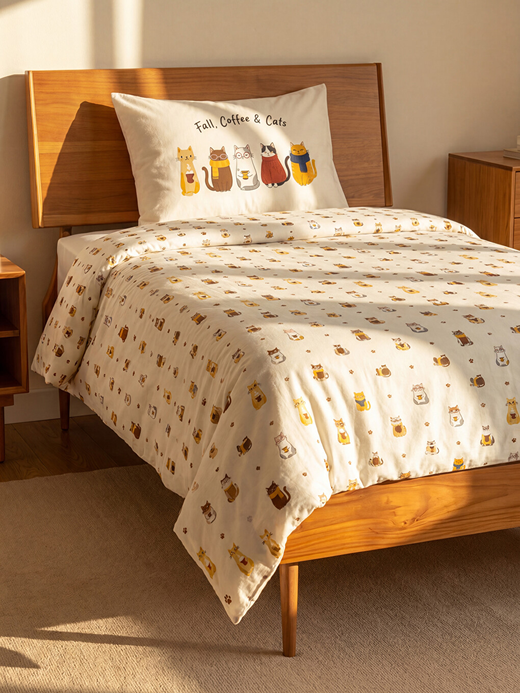 Cat Patterned Cotton Single Duvet Cover Set
