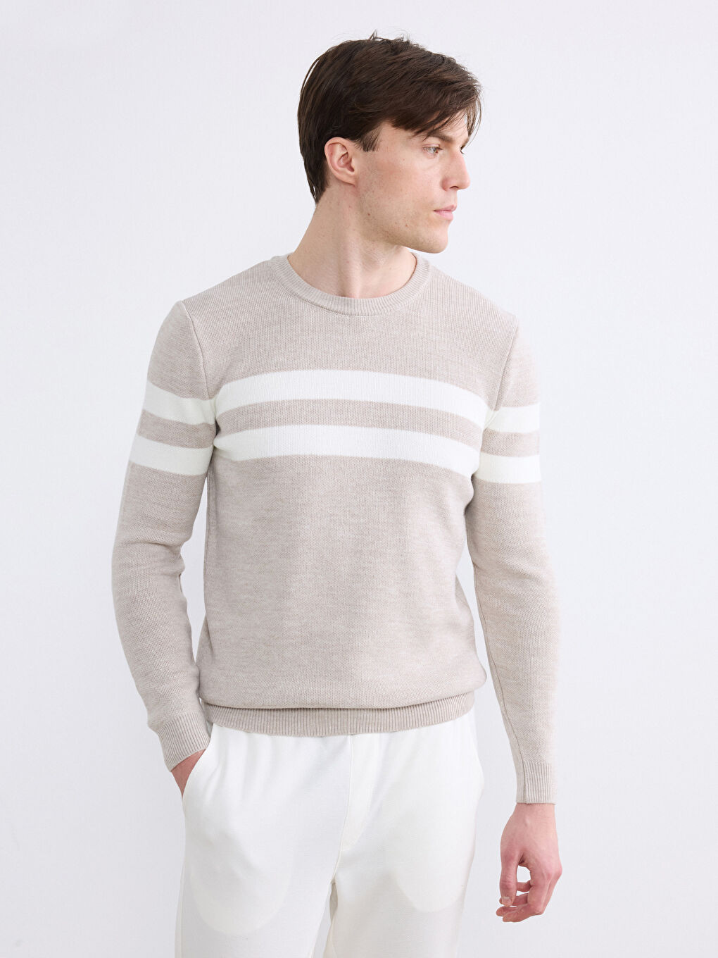 Bej Bisiklet Yaka Çizgili Erkek Triko Kazak