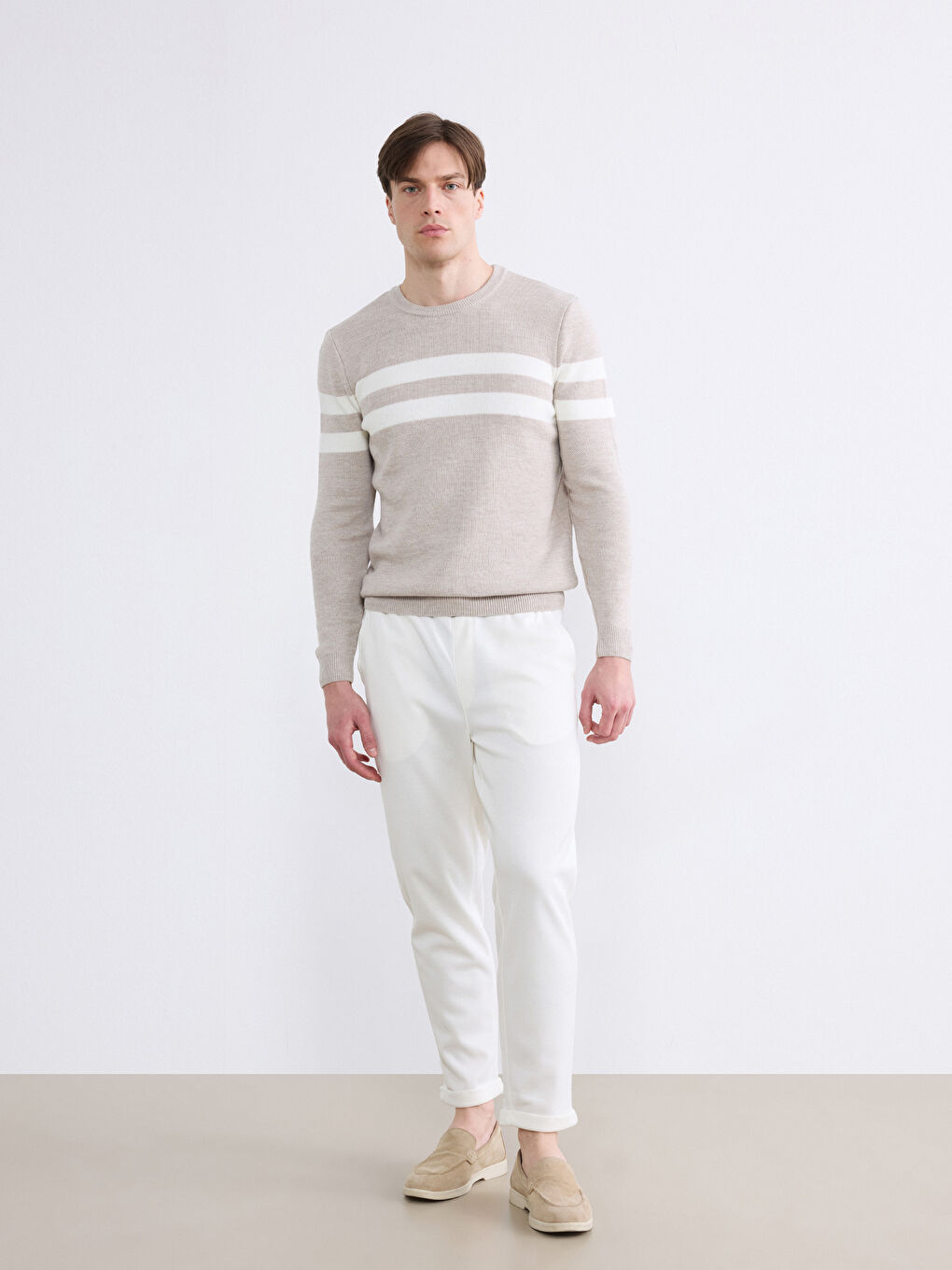 Bej Bisiklet Yaka Çizgili Erkek Triko Kazak-1