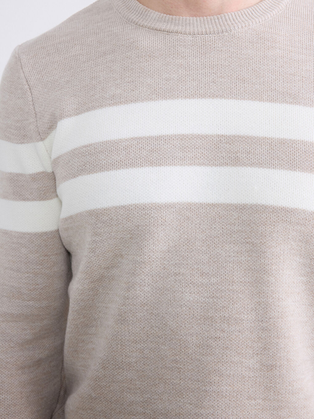 Bej Bisiklet Yaka Çizgili Erkek Triko Kazak-2
