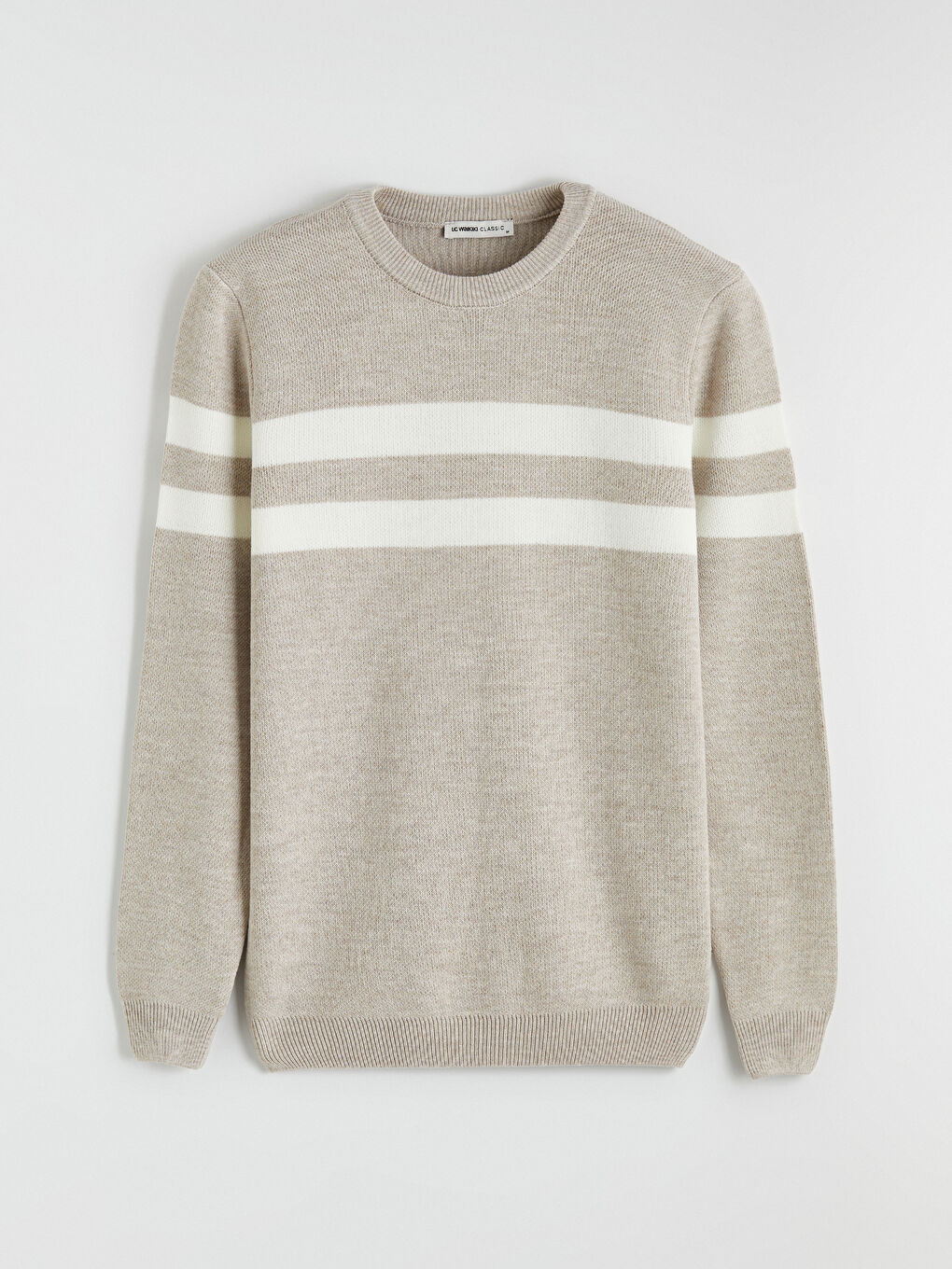 Bej Bisiklet Yaka Çizgili Erkek Triko Kazak-4