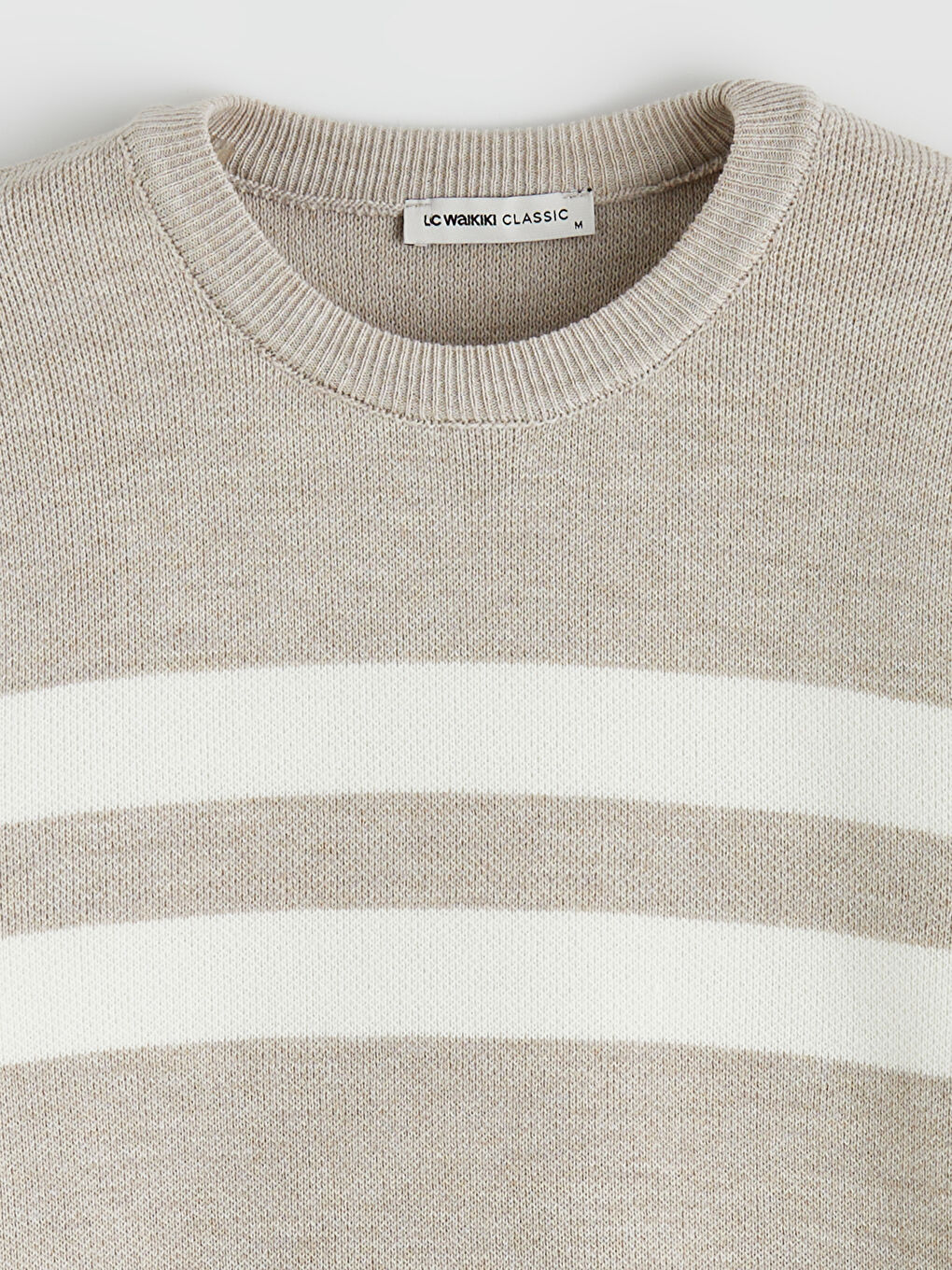 Bej Bisiklet Yaka Çizgili Erkek Triko Kazak-5