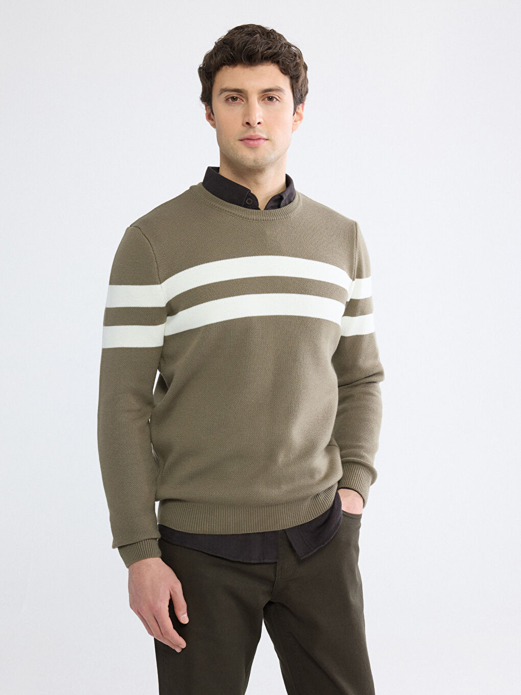 Turuncu Çizgili Erkek Triko Kazak