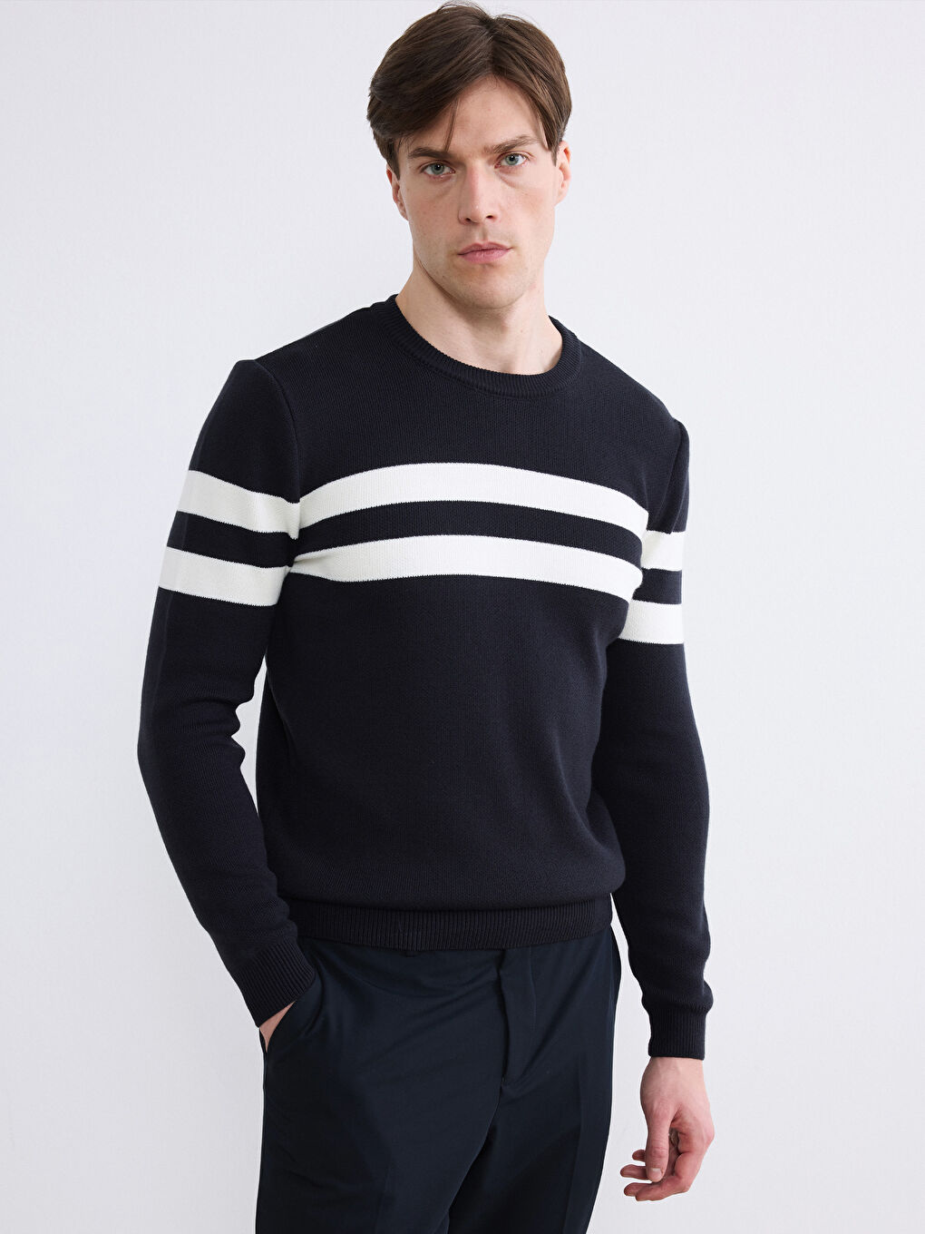 Lacivert Bisiklet Yaka Çizgili Erkek Triko Kazak