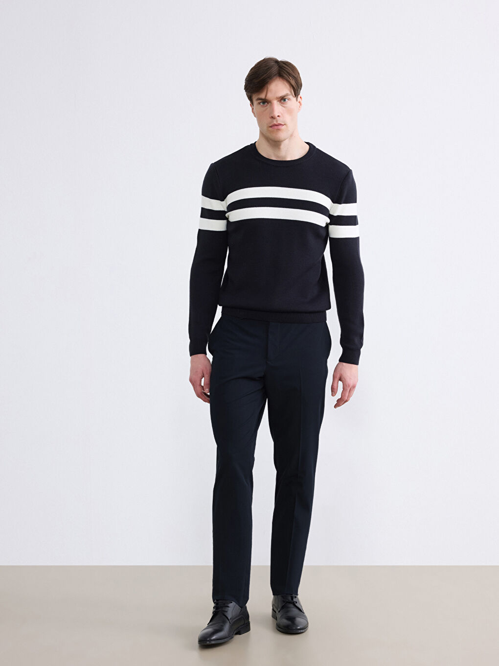 Lacivert Bisiklet Yaka Çizgili Erkek Triko Kazak-1