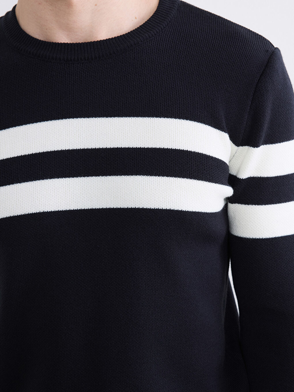 Lacivert Bisiklet Yaka Çizgili Erkek Triko Kazak-2