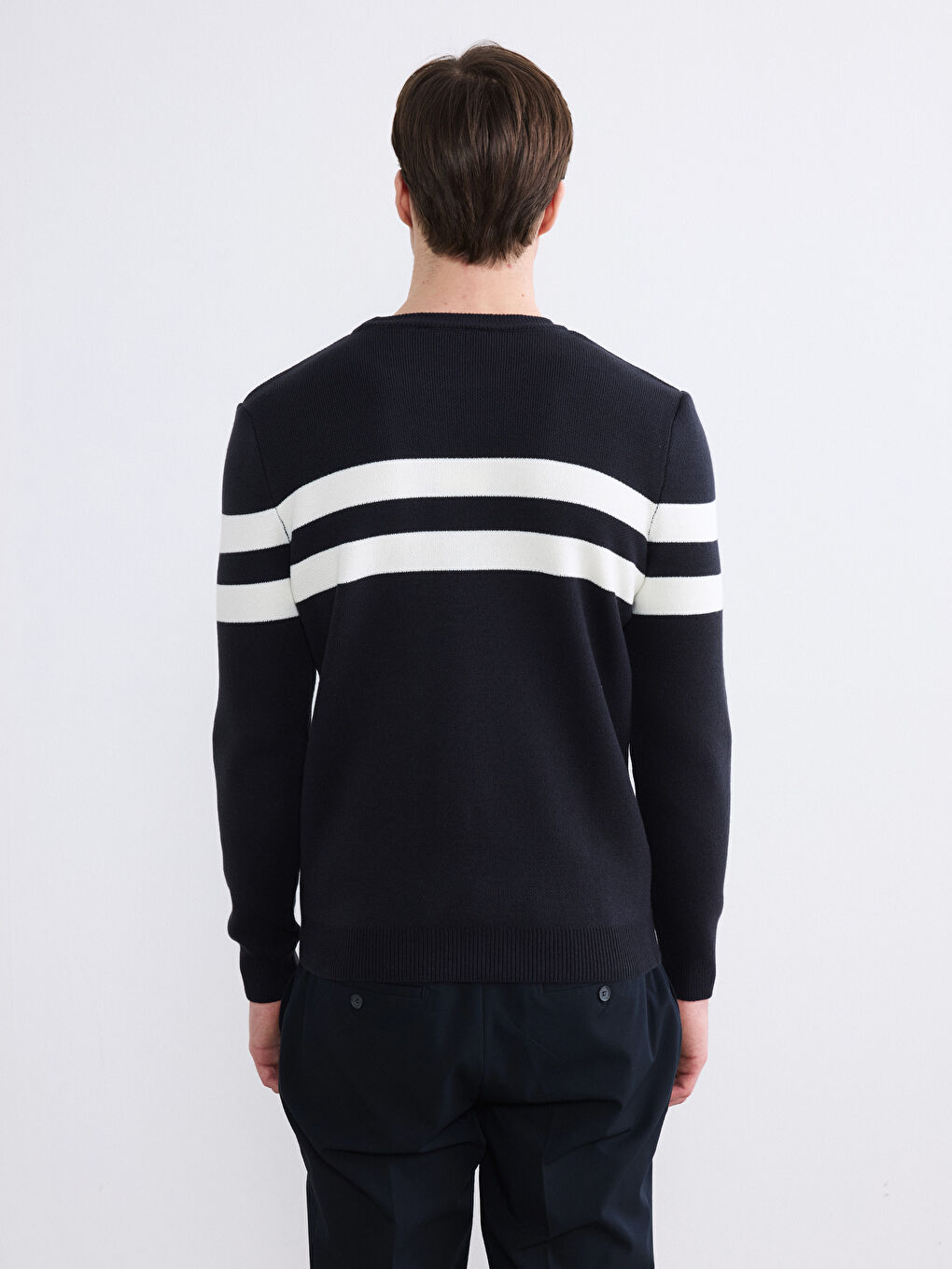 Lacivert Bisiklet Yaka Çizgili Erkek Triko Kazak-3