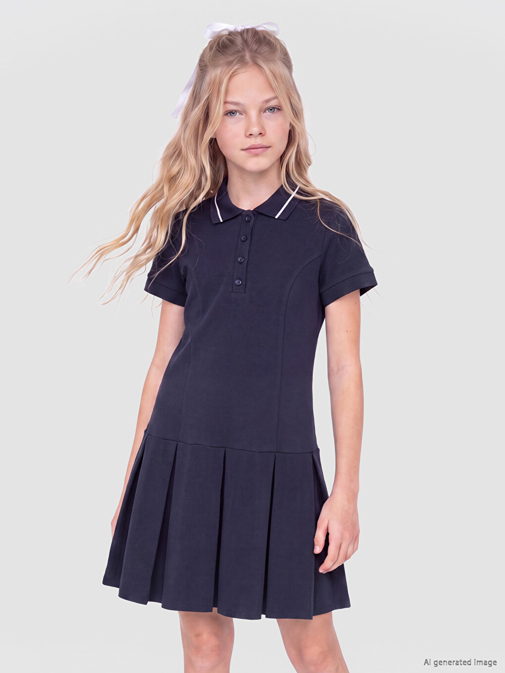 Polo Collar Pleated Girls' Dress-1