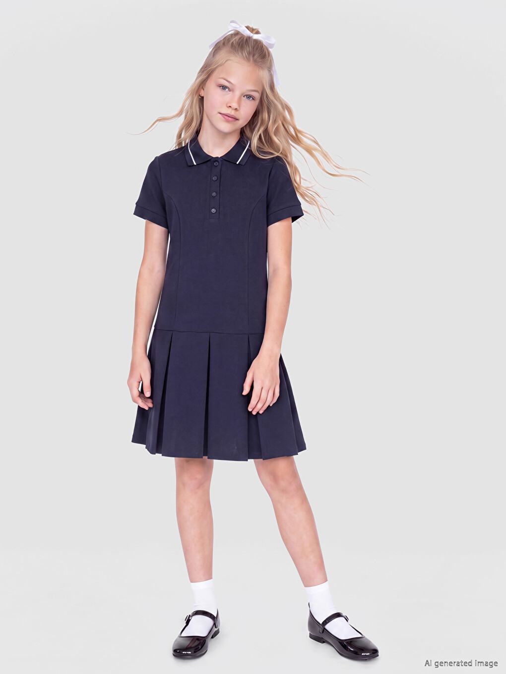 Polo Collar Pleated Girls' Dress-2