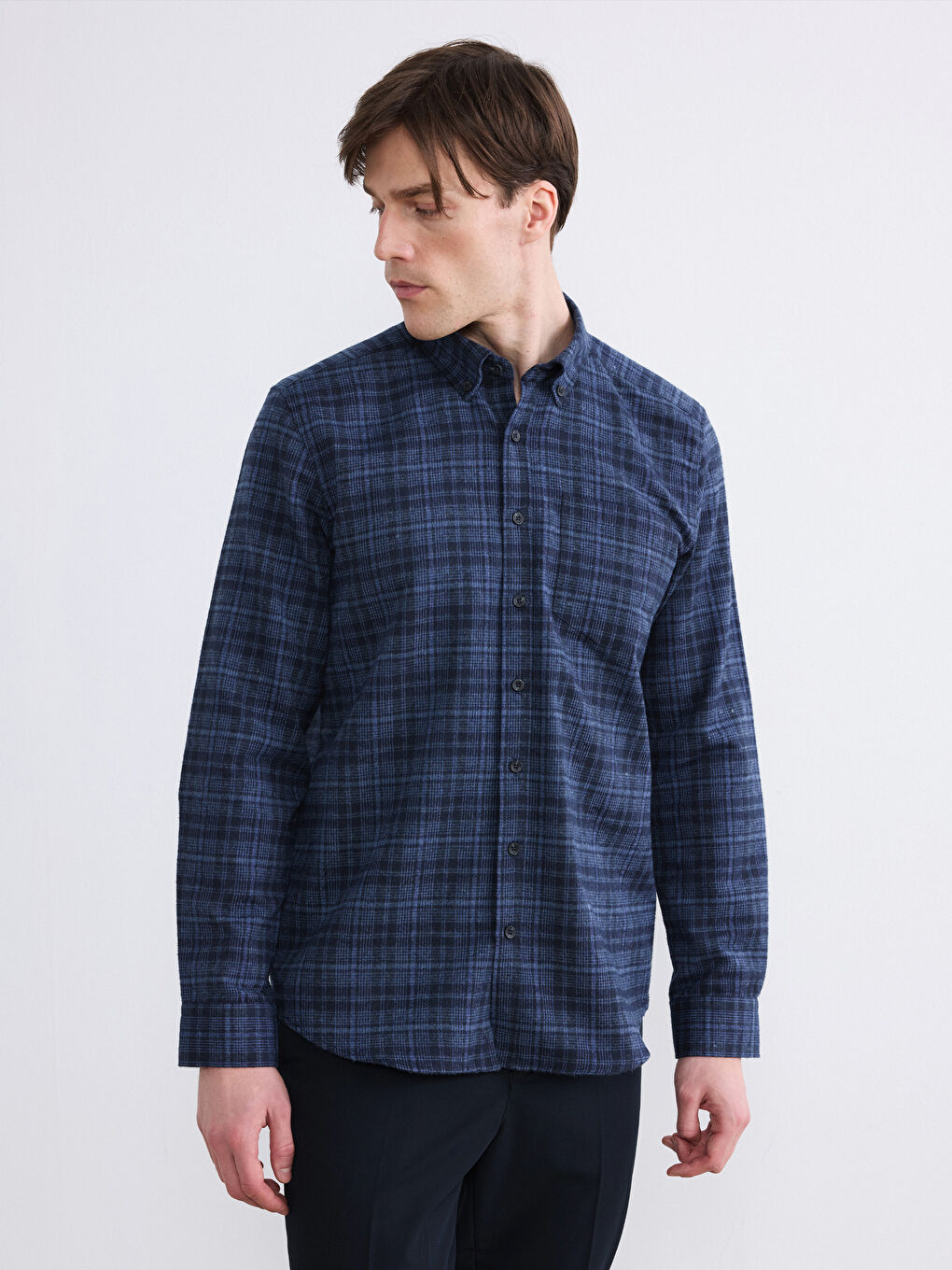 Mavi Regular Fit Yün Karışımlı Gabardin Erkek Ekose Gömlek