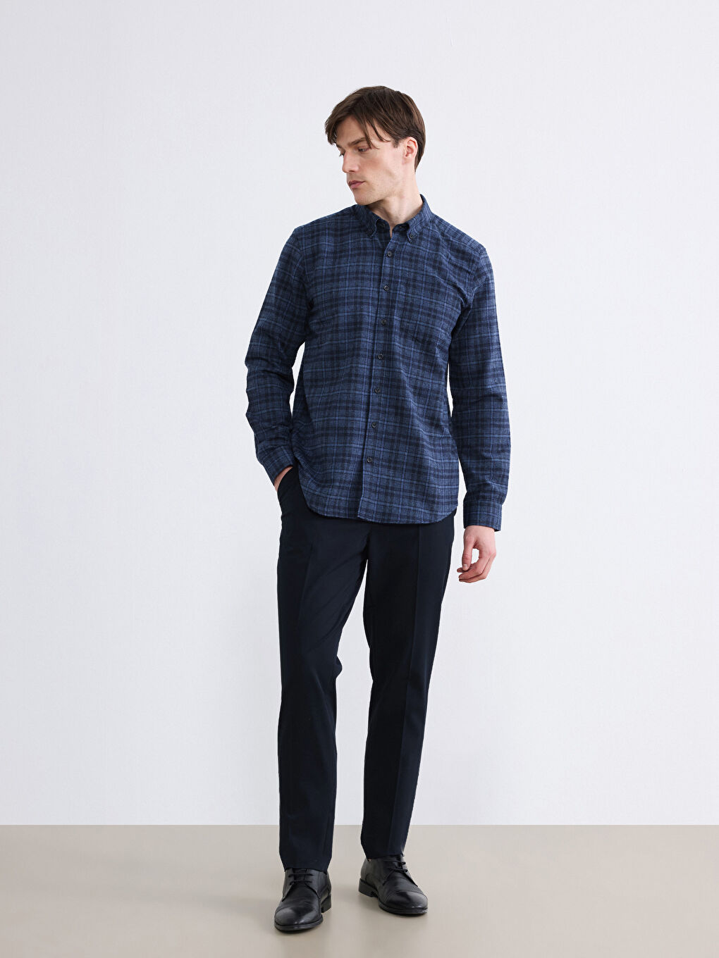 Mavi Regular Fit Yün Karışımlı Gabardin Erkek Ekose Gömlek-1