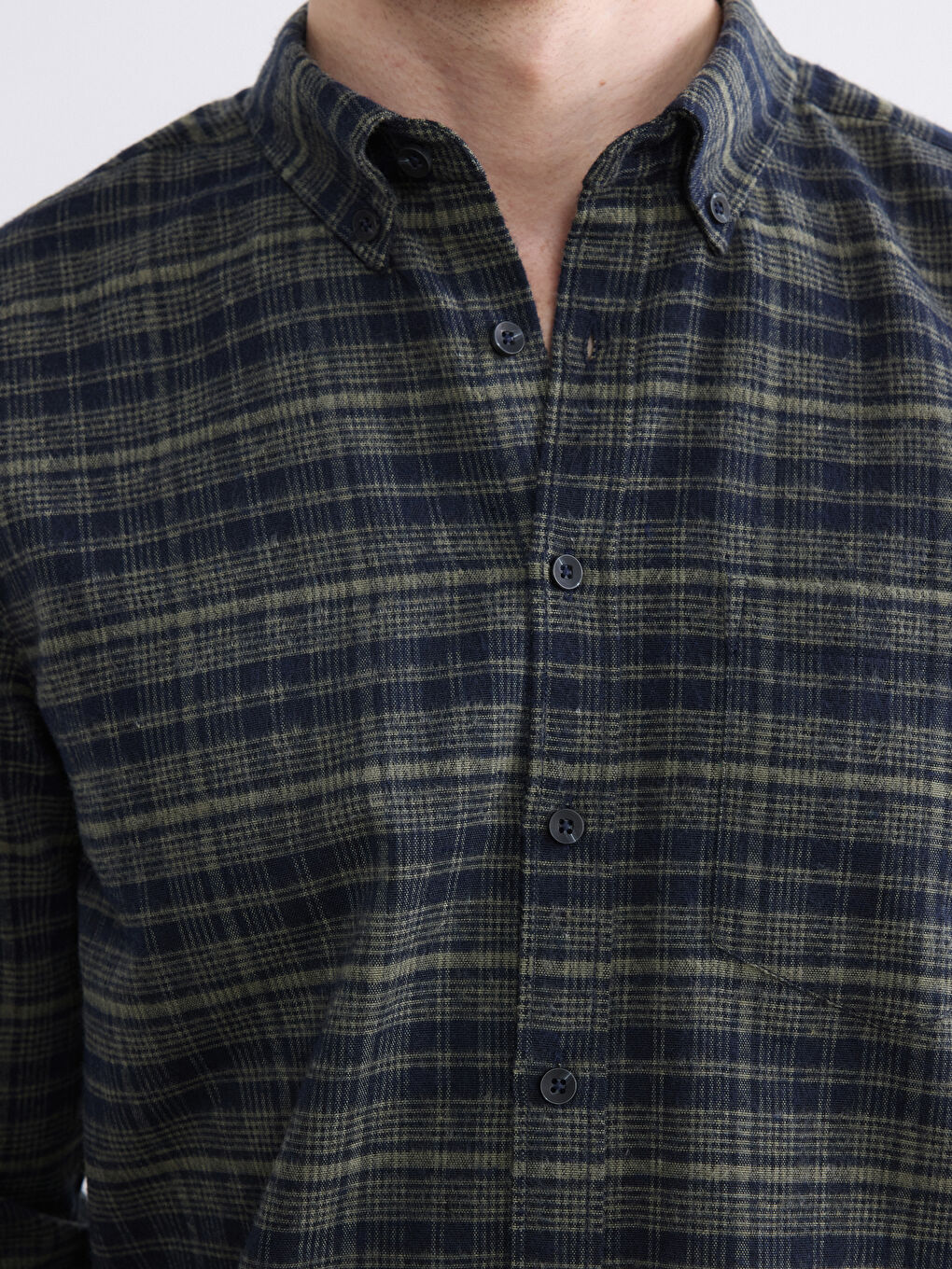 Haki Regular Fit Yün Karışımlı Gabardin Erkek Ekose Gömlek-2