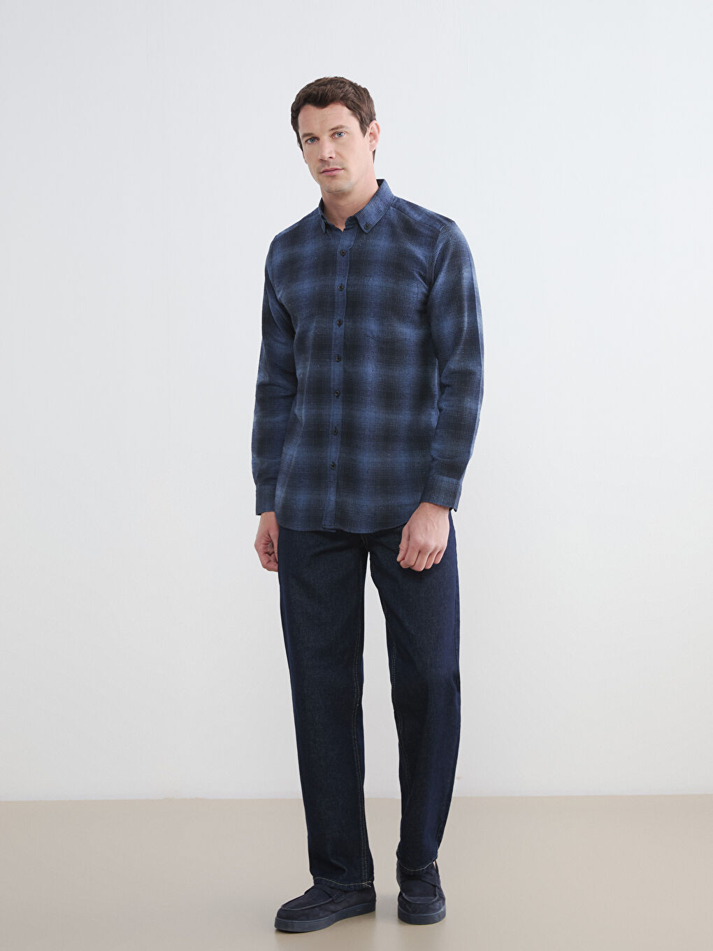 Lacivert Regular Fit Yün Karışımlı Erkek Gömlek-1