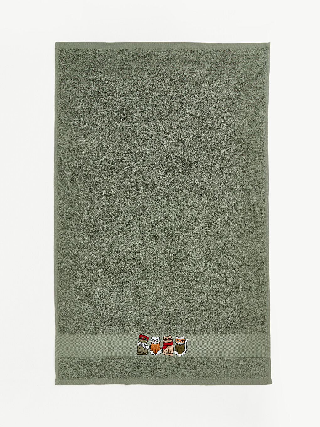 Yeşil Kedi Nakışlı Pamuklu Yüz Havlusu 50x80 Cm-2