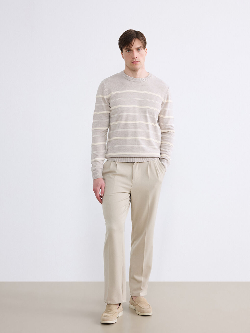 Bej Bisiklet Yaka Çizgili Erkek Triko Kazak-1