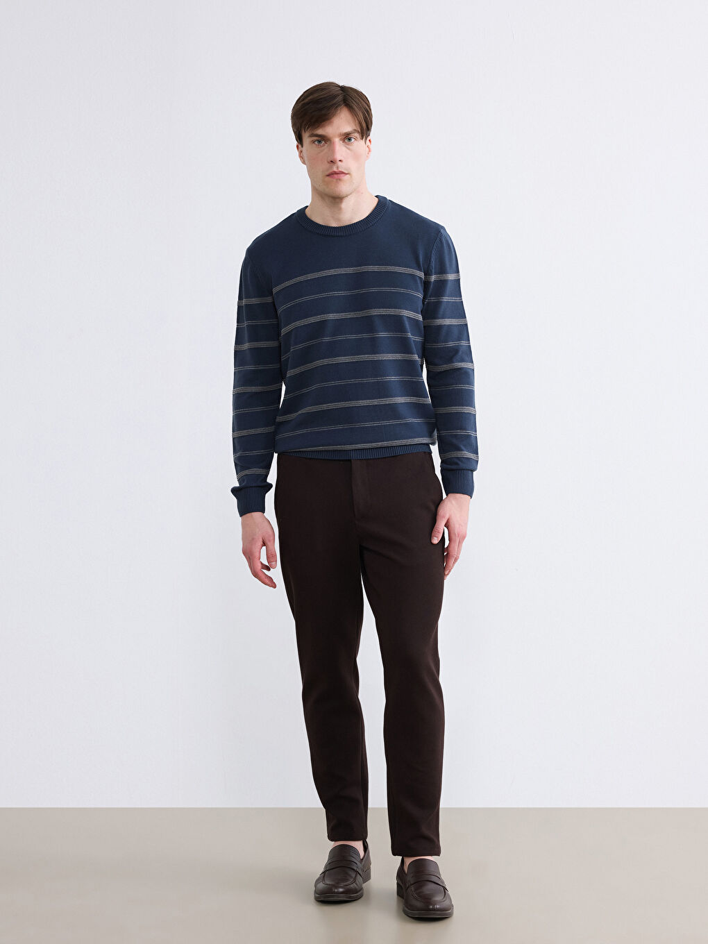 İndigo Bisiklet Yaka Çizgili Erkek Triko Kazak-1