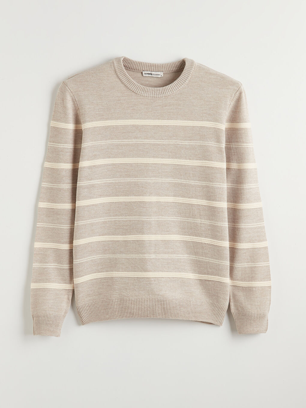 Bej Bisiklet Yaka Çizgili Erkek Triko Kazak-4