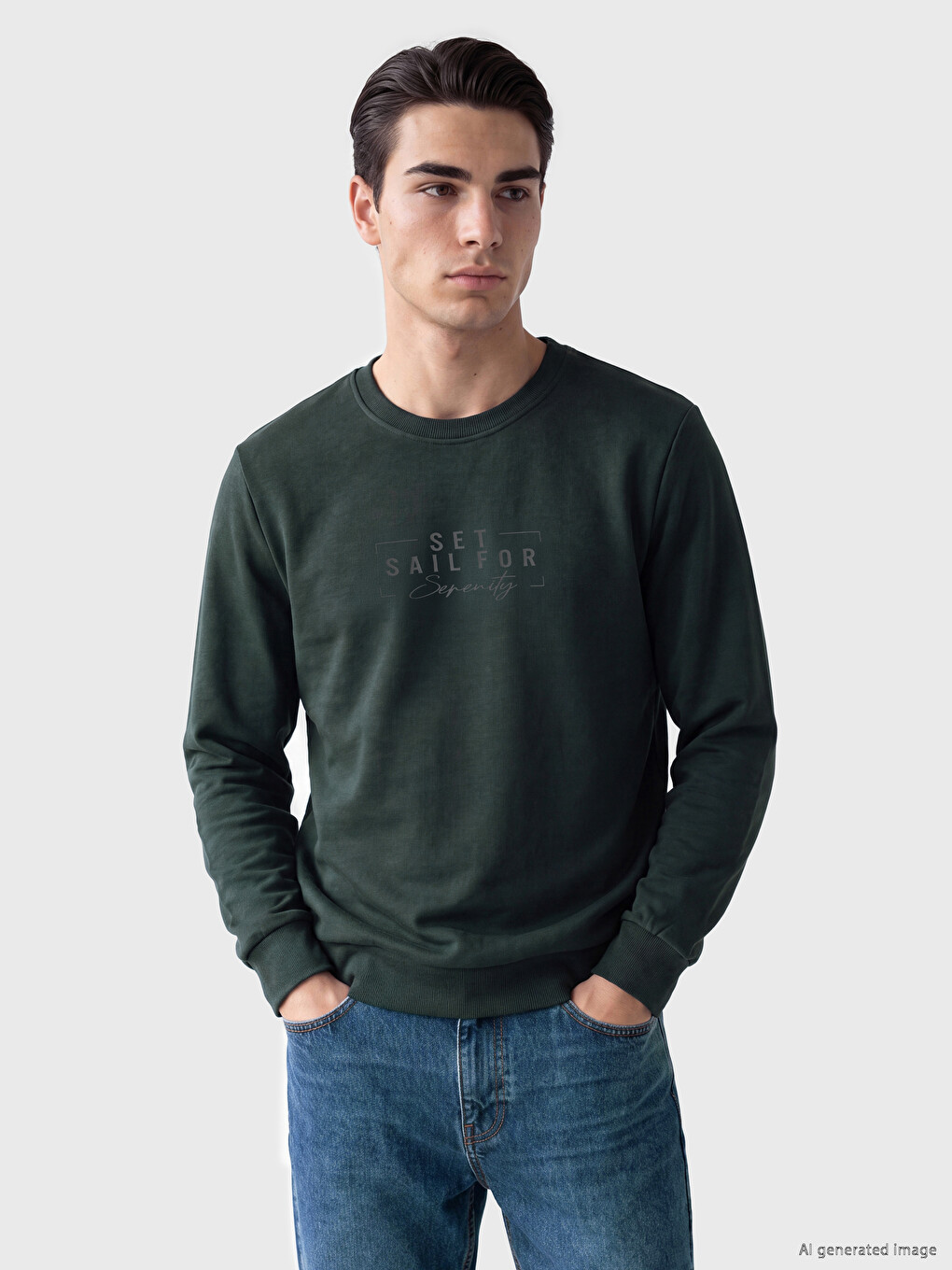 Haki Bisiklet Yaka Baskılı Erkek Sweatshirt