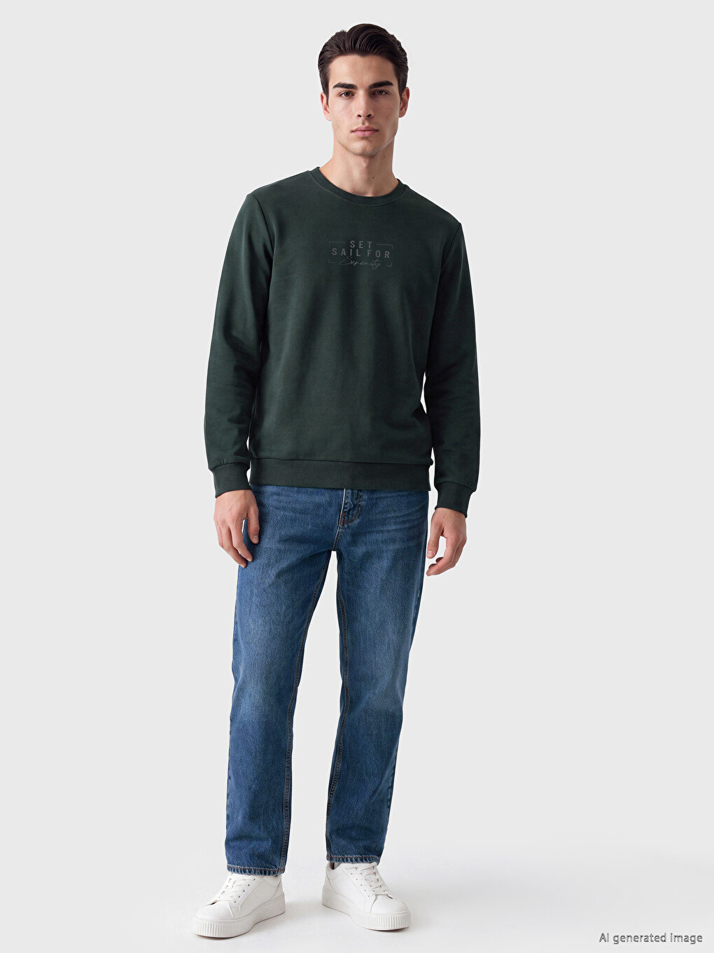 Haki Bisiklet Yaka Baskılı Erkek Sweatshirt-1