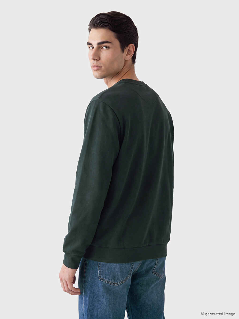 Haki Bisiklet Yaka Baskılı Erkek Sweatshirt-2