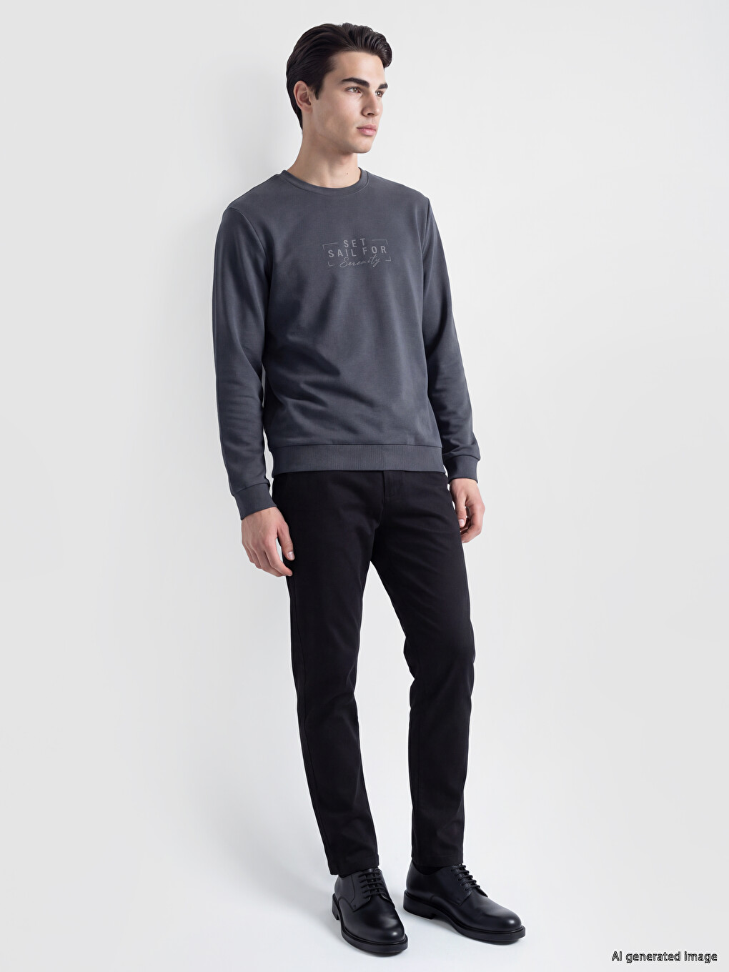 Antrasit Bisiklet Yaka Baskılı Erkek Sweatshirt-1
