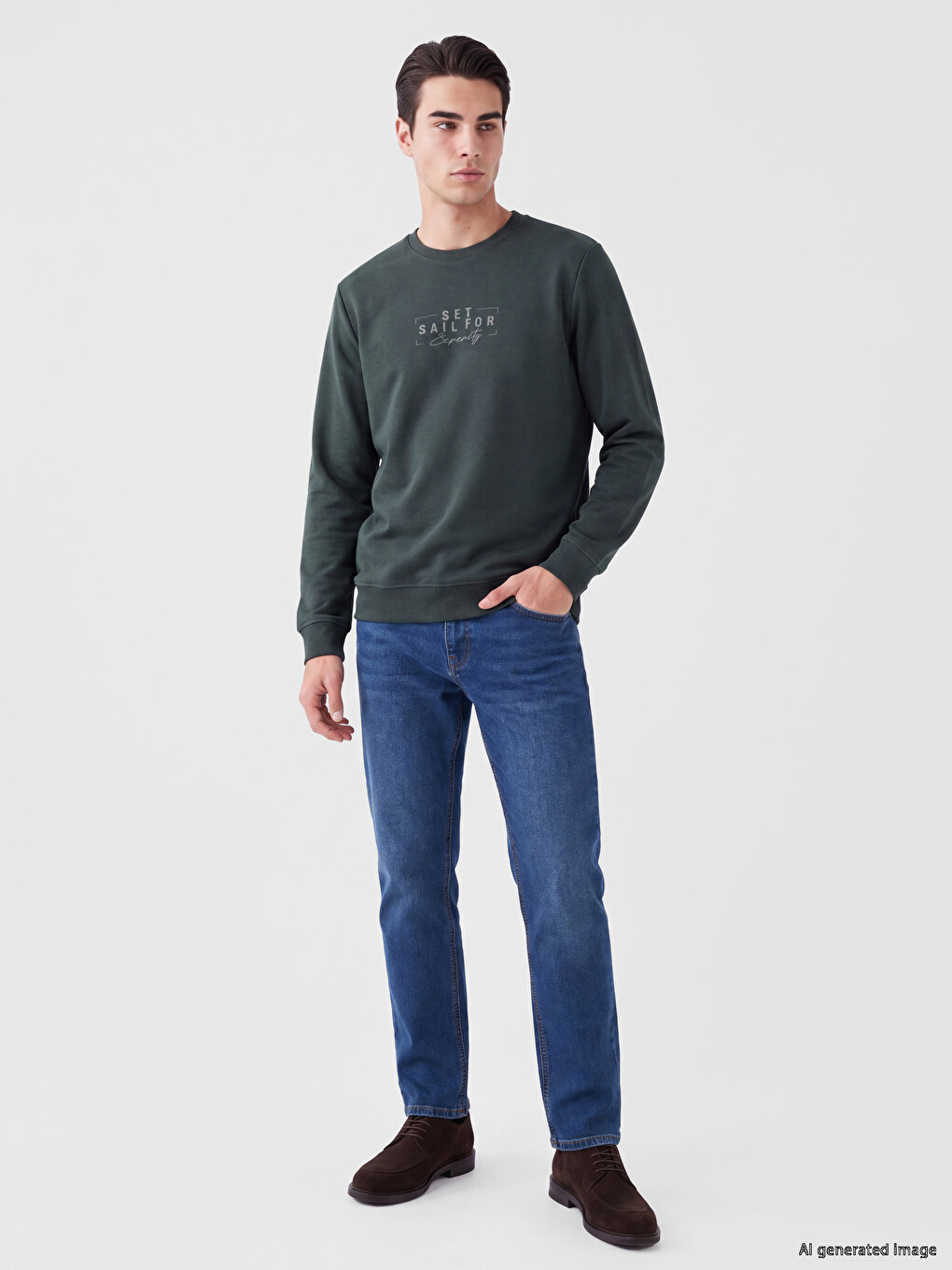 Haki Bisiklet Yaka Baskılı Erkek Sweatshirt-1