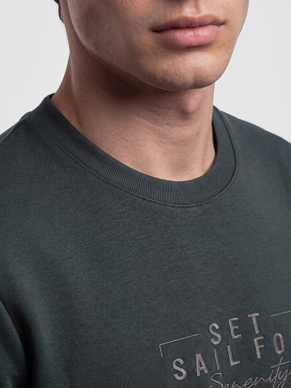 Haki Bisiklet Yaka Baskılı Erkek Sweatshirt-2