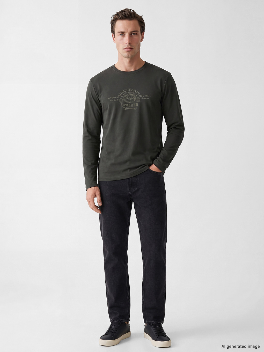 Haki Bisiklet Yaka Baskılı Erkek Sweatshirt-1
