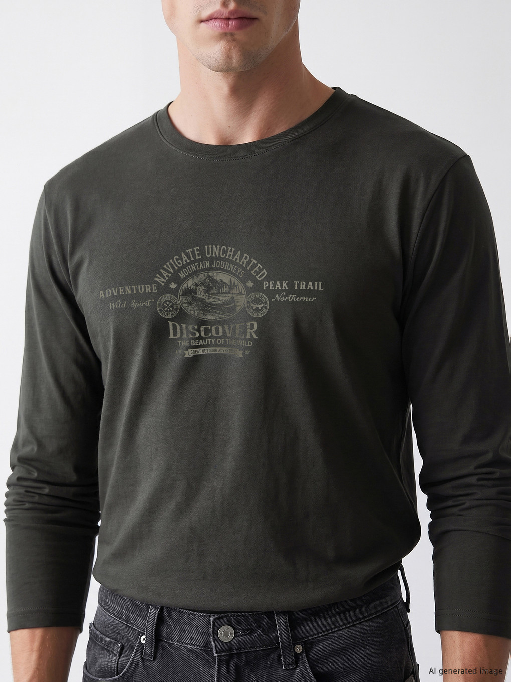 Haki Bisiklet Yaka Baskılı Erkek Sweatshirt-2