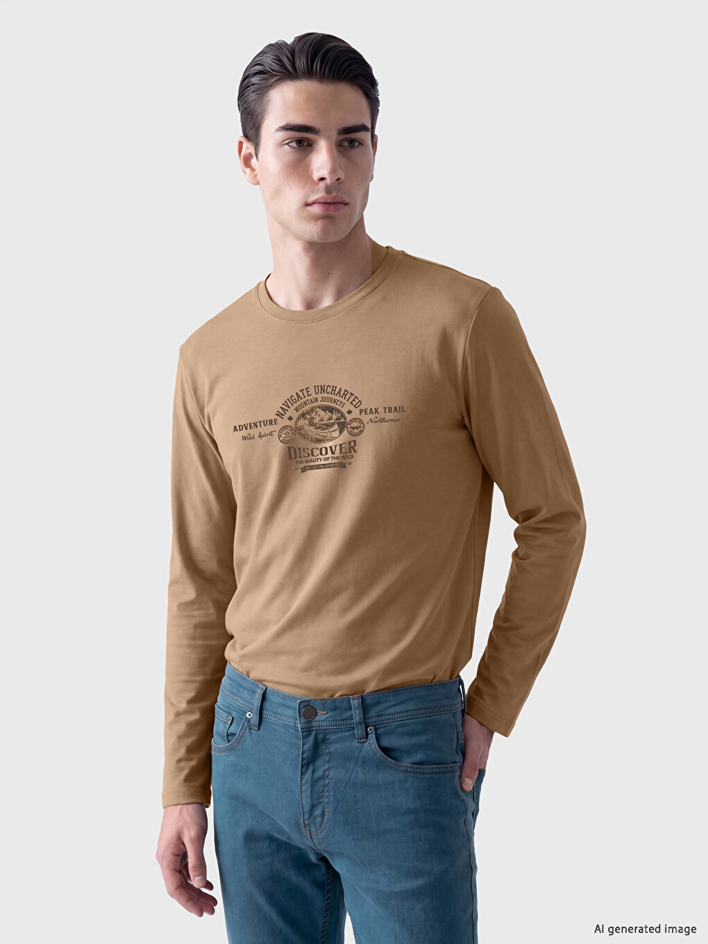 Bej Bisiklet Yaka Baskılı Erkek Sweatshirt