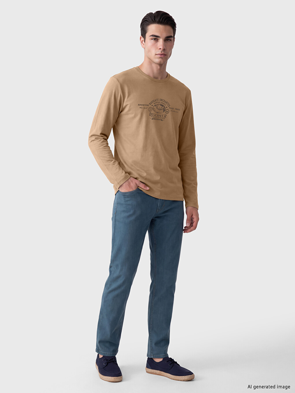Bej Bisiklet Yaka Baskılı Erkek Sweatshirt-1
