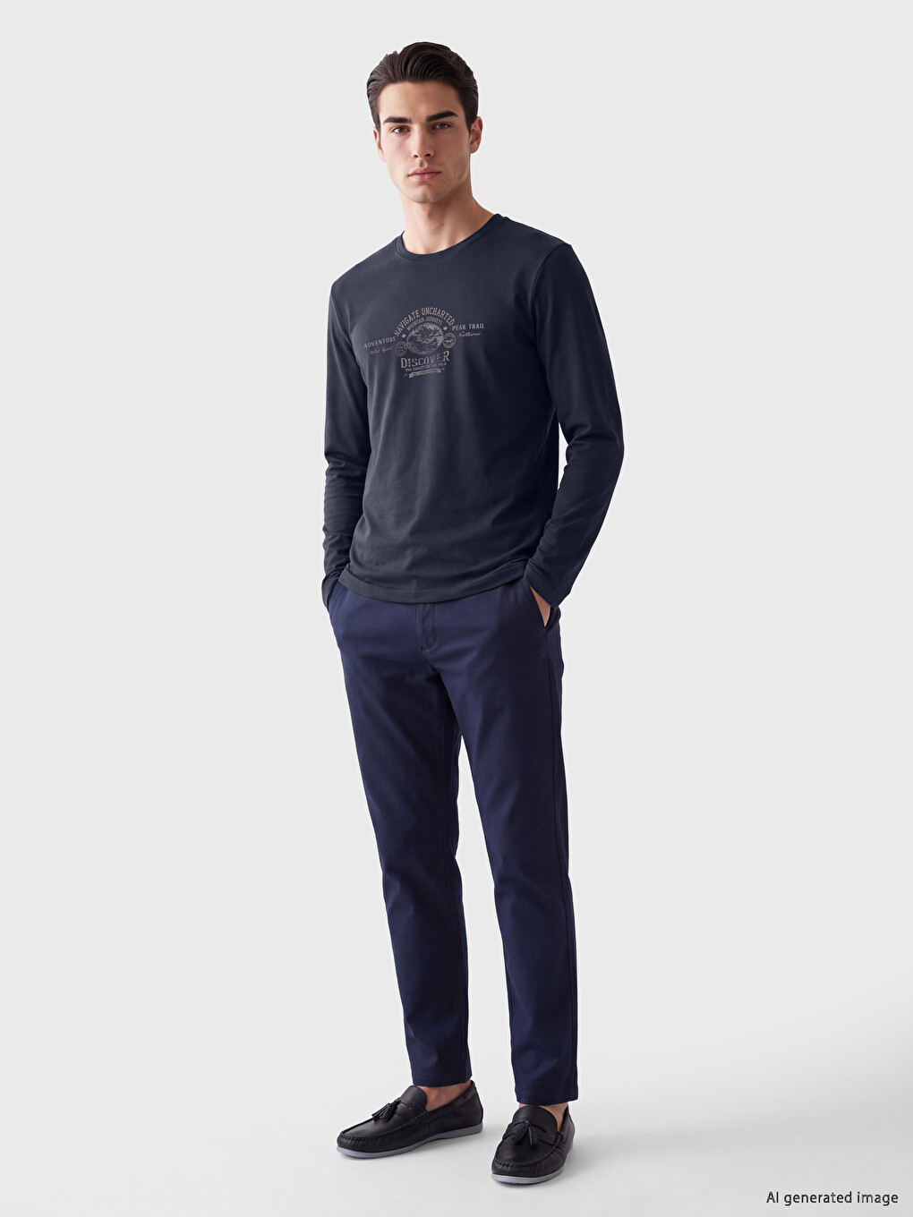 Lacivert Bisiklet Yaka Baskılı Erkek Sweatshirt-1