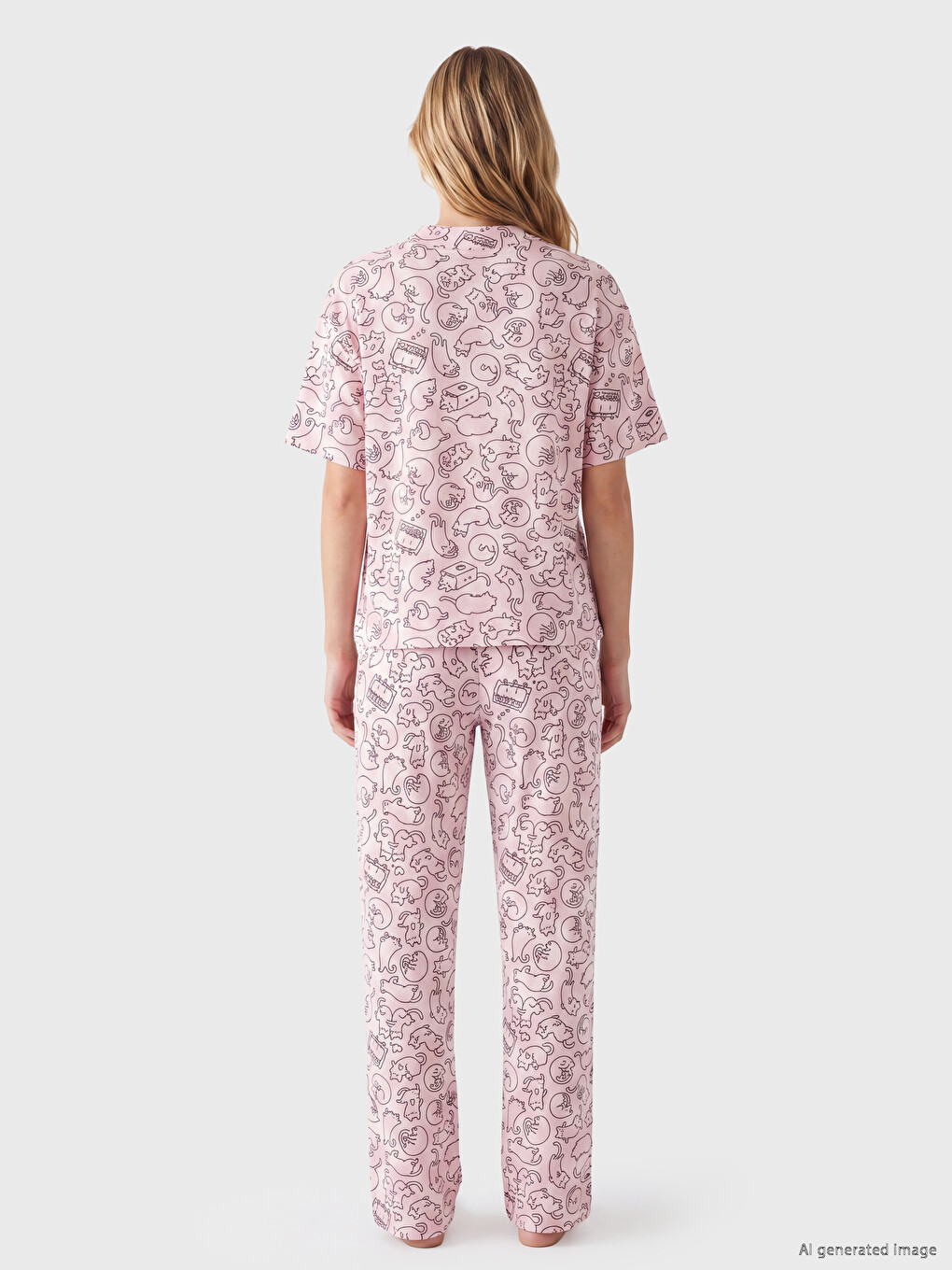 Pembe Kedi Desenli Kadın Pijama Takım-3