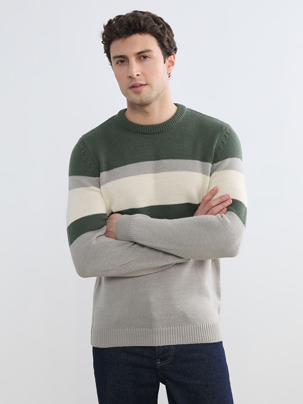 Yeşil Bisiklet Yaka Renk Bloklu Erkek Triko Kazak