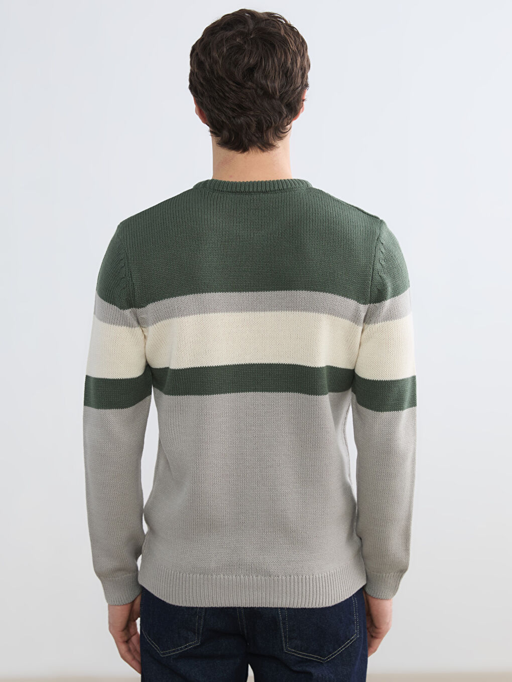 Yeşil Bisiklet Yaka Renk Bloklu Erkek Triko Kazak-3