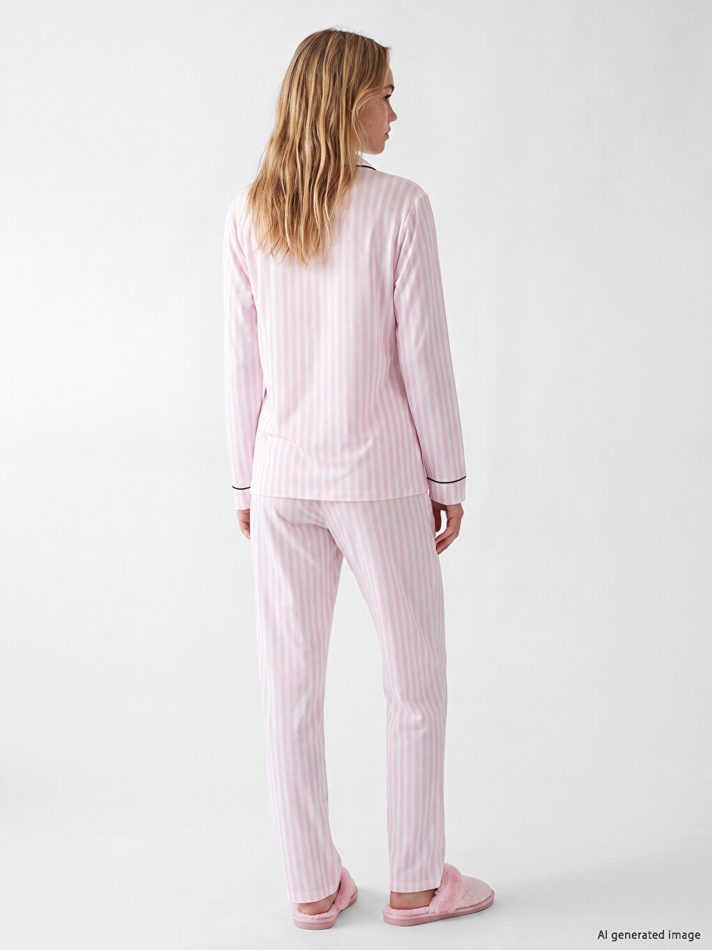 Ekru Gömlek Yaka Çizgili Kadın Pijama Takım-3
