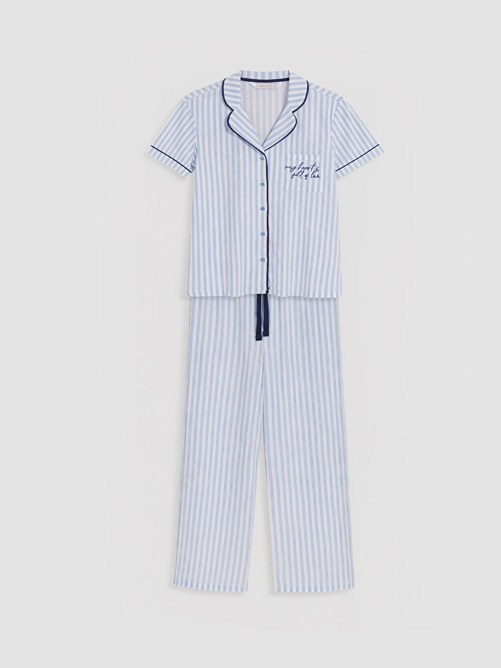Mavi Gömlek Yaka Çizgili Kadın Pijama Takımı-4