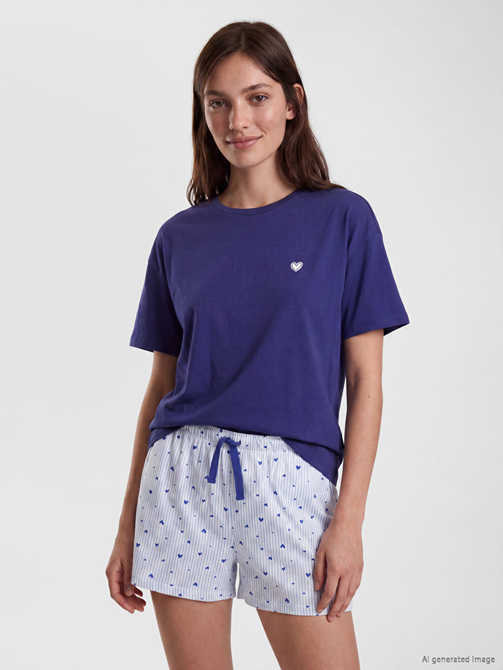 Mavi Kalp Desenli Kadın Şortlu Pijama Takımı