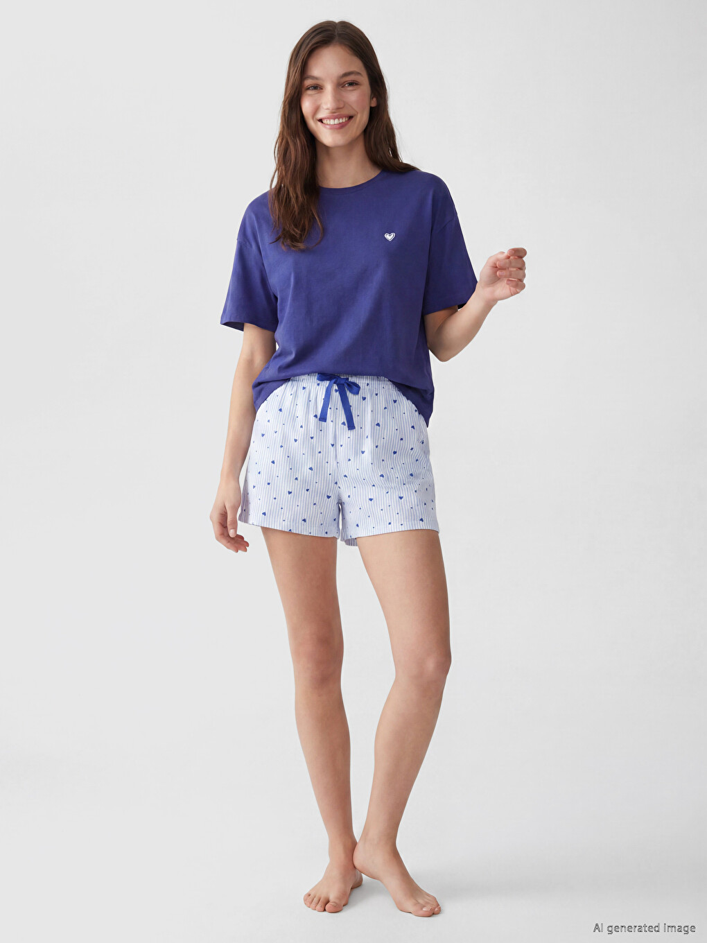 Mavi Kalp Desenli Kadın Şortlu Pijama Takımı-1