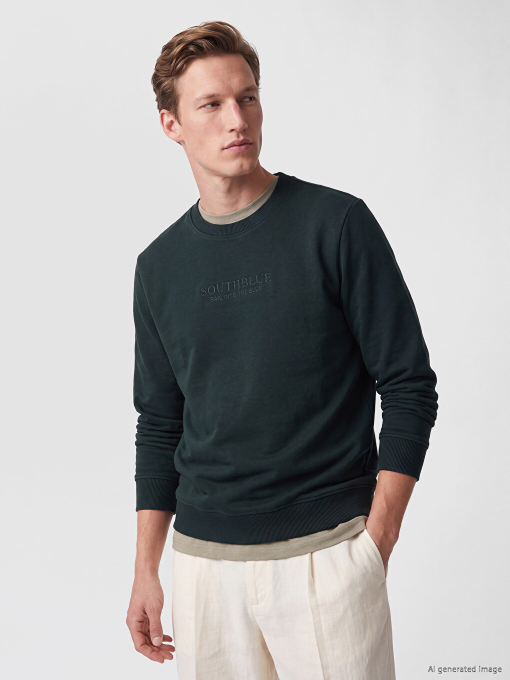 Yeşil Bisiklet Yaka Nakışlı Erkek Kalın Sweatshirt