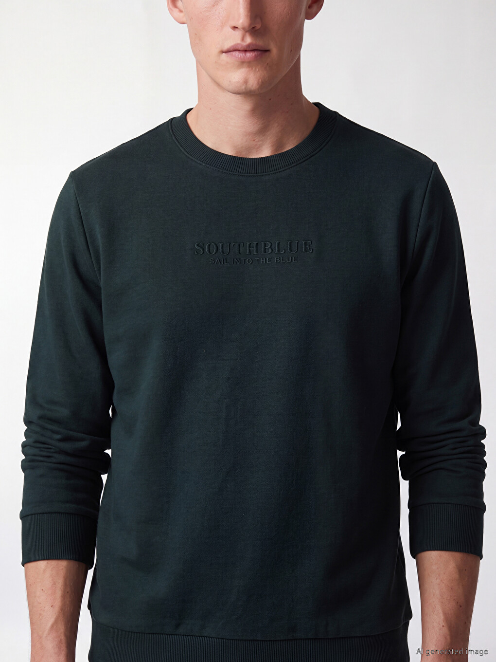 Yeşil Bisiklet Yaka Nakışlı Erkek Kalın Sweatshirt-1